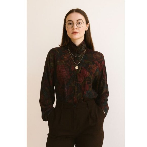 VTG Button Up Dark Floral Print Blouse Sz 10 Wool Blend Academia Librarian - Picture 1 of 9